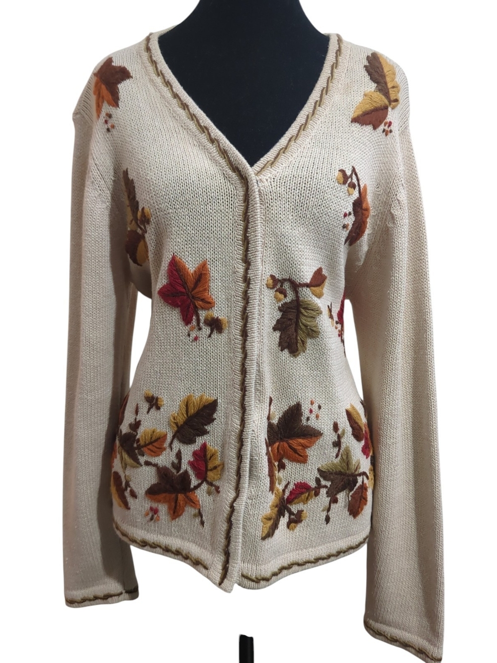 Embroidered Beige V-Neck Cardigan Sweater with Autumn Leaf Motif